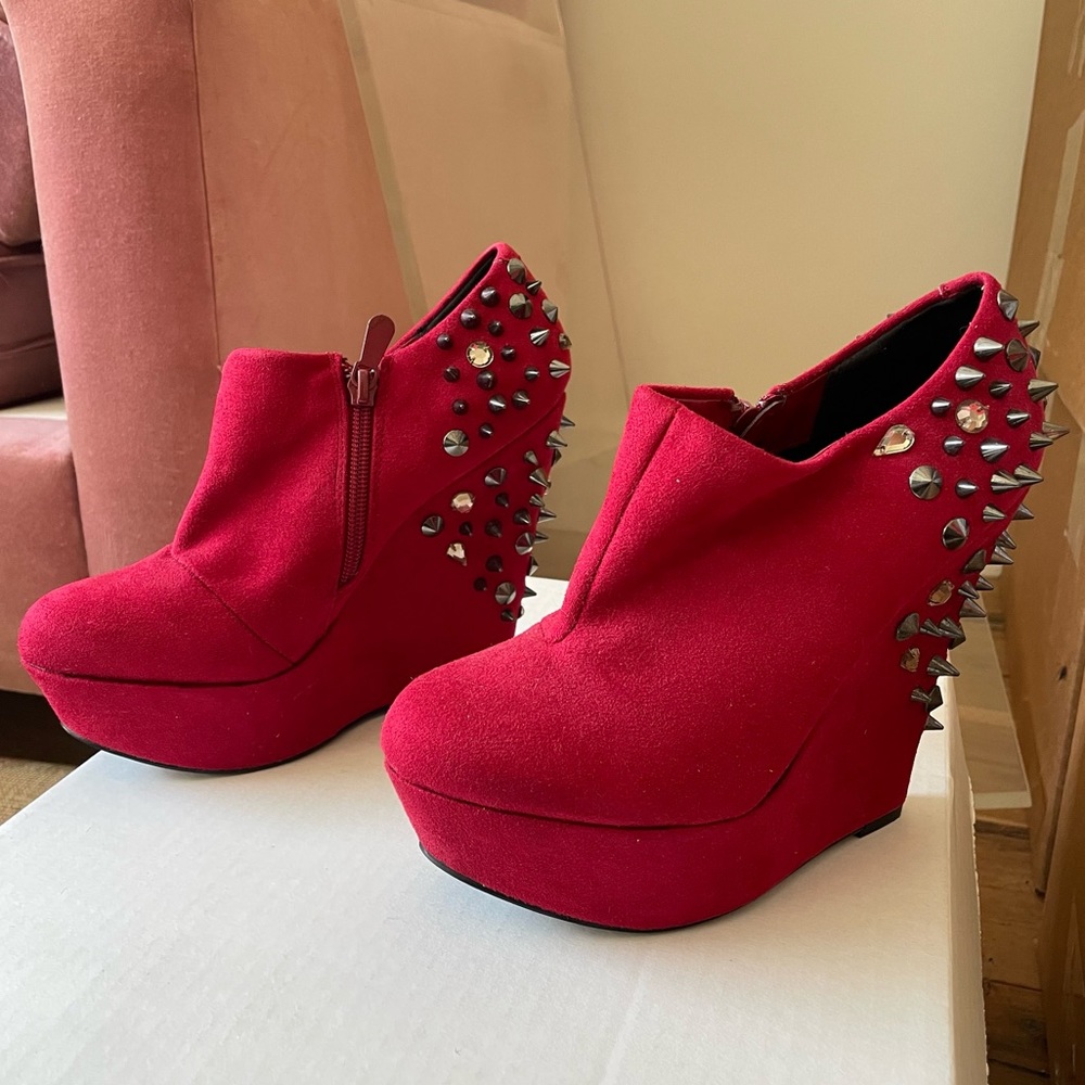 Red Platform Wedge Ankle Booties